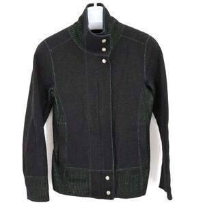 Title Nine Black Green Funnel Neck Boiled Wool Cardigan Zip & Snap Front Size XS